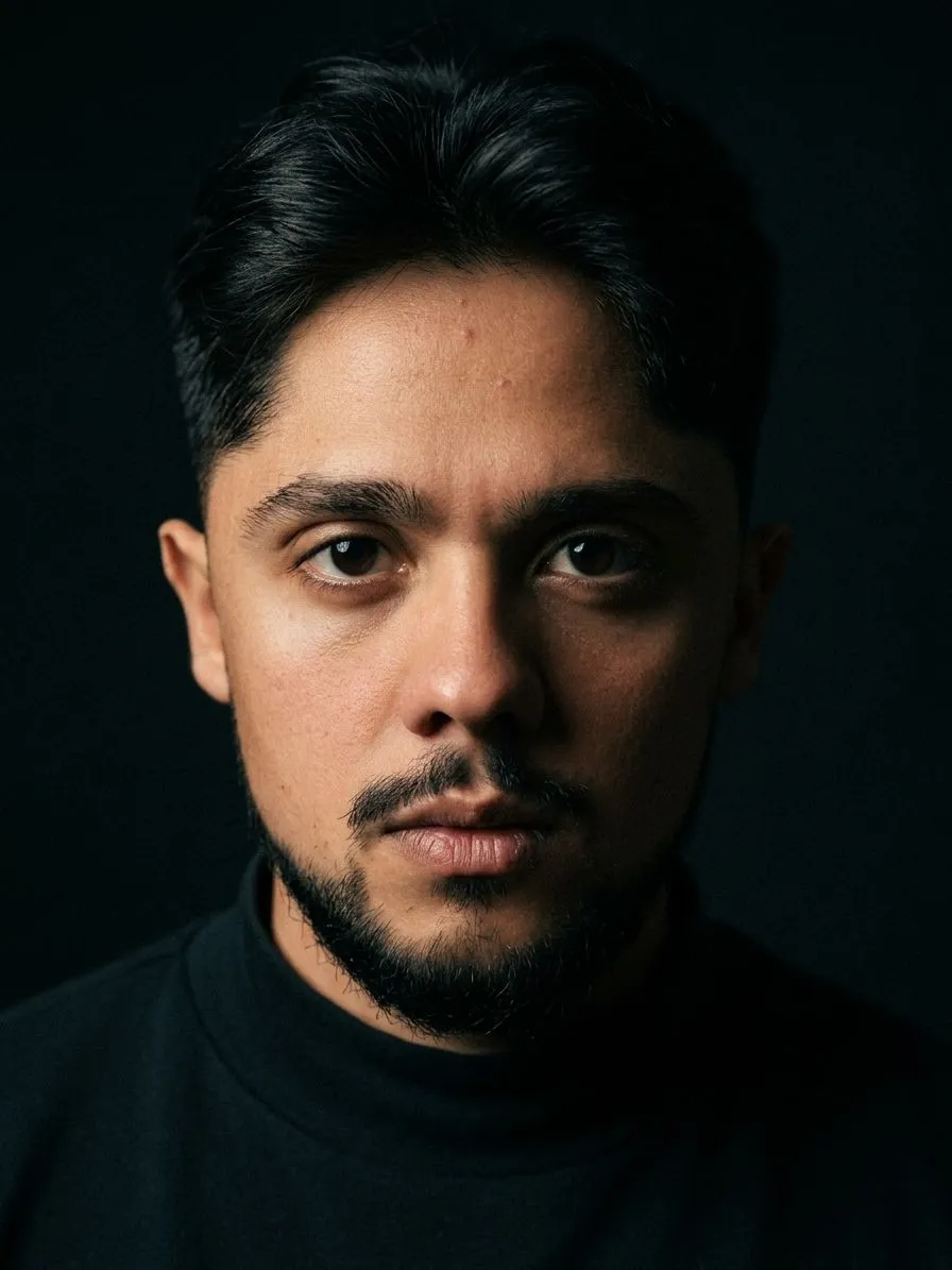 Retrato de perto de Bruno Santos com pouca luz, contra um fundo preto.
